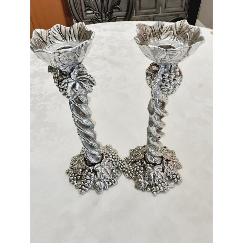 VINTAGE 1996 ARTHUR COURT Candlesticks  ALUMINUM Grapes Twisted Vine 12 IN Set 2